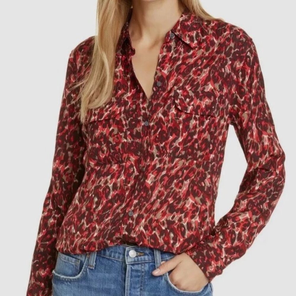 Equipment Femme Slim Signature Top Red/Brown Leopard Print Button Down Size XL